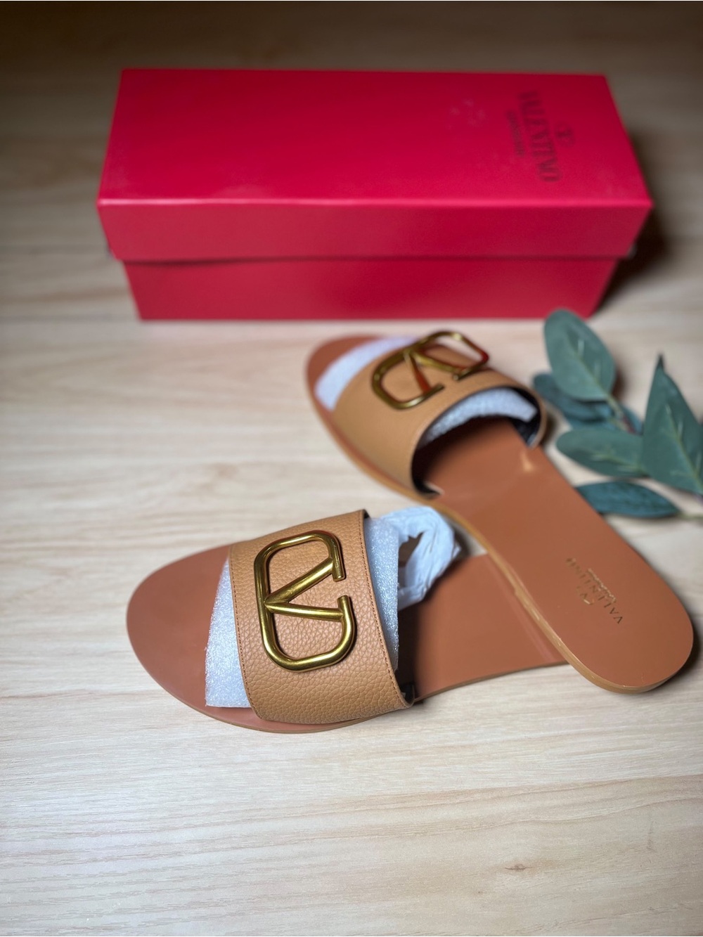 Girls Tan Slide Sandals with Gold Accent
